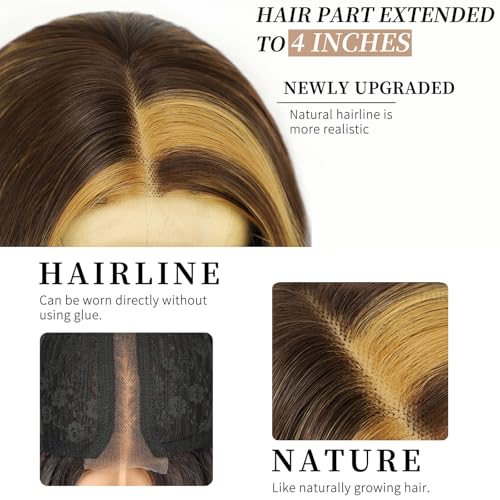 Image of AISI HAIR Chocolate Brown with Caramel Highlights Wig for Women, Long Wavy Lace Hairline Middle Part Synthetic Heat Resistant Wig for Daily Party-26 Inch