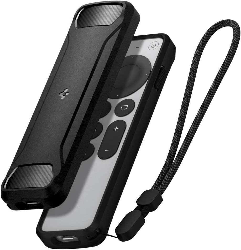 Spigen Rugged Armor Designed for Apple TV 4K 2021/2022 Siri Remote Case Cover with Shockproof Magnetic Technology and Wrist Strap (Metal Plate and Magnetic Included) - Black