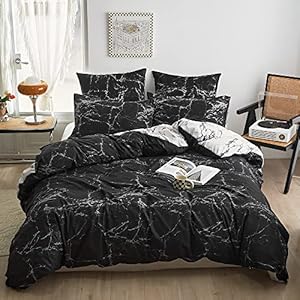 ARYURBU Marmor Bettwäsche Set 2tlg, Schwarz Weiß Marmoriert Bettbezug 135x200cm + Kissenbezug 80x80cm, Daunendecke Bettdecke Cover, Kinder Mädchen Einzelbett Wendebettwäsche