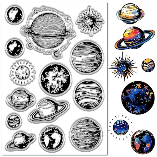 CRASPIRE Sellos Transparentes Planetas Espacio Exterior Universo Galaxia Sello de Silicona Fondo Retro Sellos de Goma Transparentes para Álbumes de Recortes Diario Álbum de Fotos Fabricación