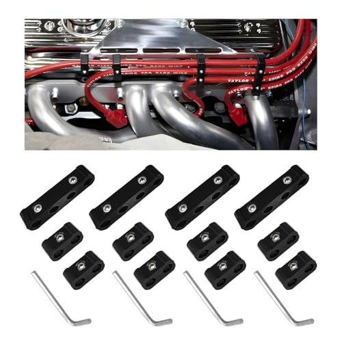 YTFRL 4PCS Car Engine Spark Plug Wire Separator Divider Set Aluminum Alloy Spark Plug Wires Holder Plugs Wire Divider Looms Organizer Clamp Kit for 8mm 9mm 10mm Car Accessories (Black)