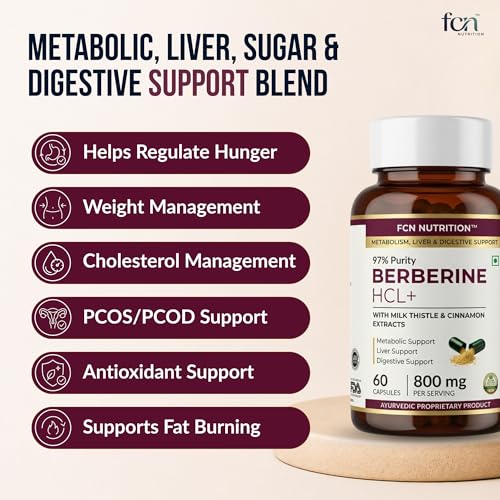 Image of FCN - Berberine HCL 97% Supplement 800mg, Supports Metabolism, Hormonal Balance for Women, Blood Sugar & Cholesterol, w /Milk Thistle & Cin. Clinically Studied, ISO & GMP-Cert, 60 Plant-based Capsules