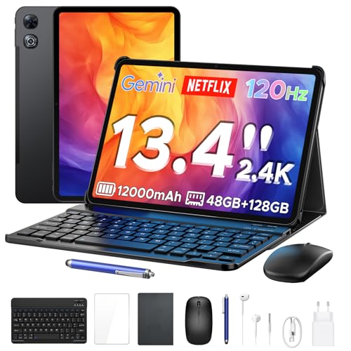 P13 Tablet Android 16, Tablet 13 Pulgadas, Gemini AI, 48GB RAM+128GB ROM/2 TF, 12000mAh/18W, IPS 2.4K, 120Hz, T7280 Octa Core, 13MP, Face ID, 5G WiFi, GPS, OTG, Tablet con Teclado y Lapiz, Negro