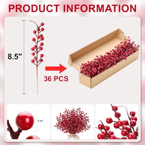 크리스마스 트리 장식 36팩 인공 레드 베리 스템 21.6cm(8.5인치) 크리스마스 베리 피크 크리스마스 트리 센터피스 겨울 휴일 꽃꽂이 홈 센터피스 DIY 장식품 — 사진 3