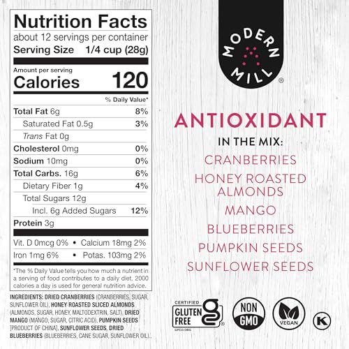 Image of Modern Mill Antioxidant Salad Topper By Gourmet Nut - Mixed Nuts (Almonds), Dried Cranberries & Blueberries, Sunflower Seeds & Pumpkin Seeds - Gluten Free, Low Sodium, Kosher, Plant Protein, 12oz. Bag