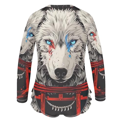 Wolf Torii Gate Red Flames Girls Long Sleeve Swimsuit UPF 50+ Rashguard Swimwear One Piece Bathing Suit 212201412