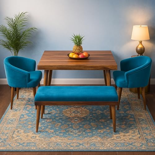 Image of DaneWood Premium Dining Table Set of 4 | Sheesham Wood Dining Table Set 4 Seater | Four Seater Dinning Table with 2 Upholstered Chairs & 1 Bench | Dinner Table Restaurants | Honey Finish & Blue