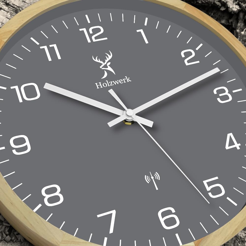 Holzwerk HARBURG Funk Natur Holz Funkwanduhr Wanduhr Holz-Uhr Vintage Funkuhr lautloses Uhrwerk ohne Tickgeräusche Buche Braun Grau Weiß lautlos aus handgefertigtem Massivholz 30 cm