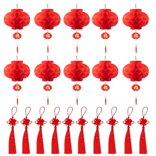 YUVKIN 10 farolillos chinos y 10 nudos chinos, farolillos de papel, decoración navideña, decoración de primavera, farolillos de papel para exteriores, accesorios para Año Nuevo