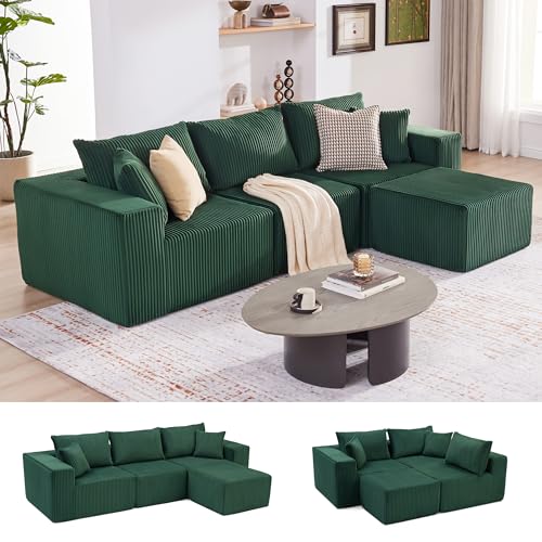 Weture 107.4" Cloud Couch Sectional, Modular Sofa with Deep Seat, Plush Corduroy L Shaped Boneless Couch, Convertible Sectional Couches for Living Room, 4Seat, Green