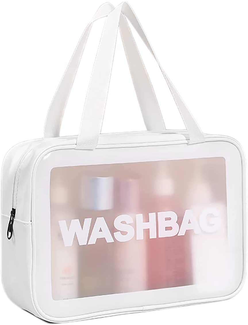 Beauté SecretsTravel Toiletry Bag 1 Piece for Women and Men, Matte Translucent Toiletry Bag with Handle, Makeup Cosmetic Bag Travel Organizer, White
