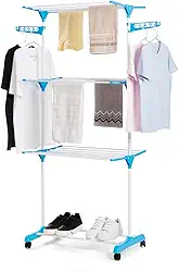 Varal De Chão 3 Andares Dobrável Retrátil Aço 4 Rodas Azul MM House