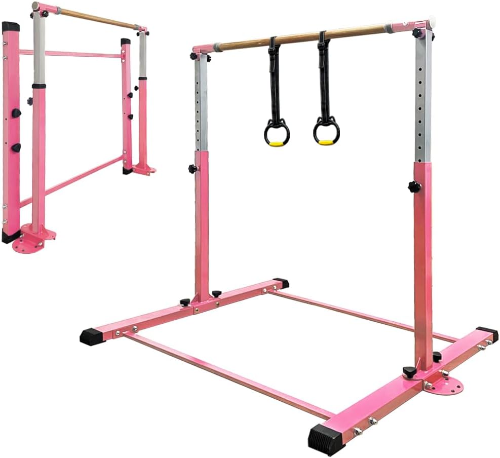 Gymnastic Kip Bar,Kids Girls Junior Ages 3-15,3' to 5' Adjustable Height,Home Gym Equipment,Home Training,1-4 Levels,260lbs Weight Capacity 4.8FT WITH RING ROSE PINK