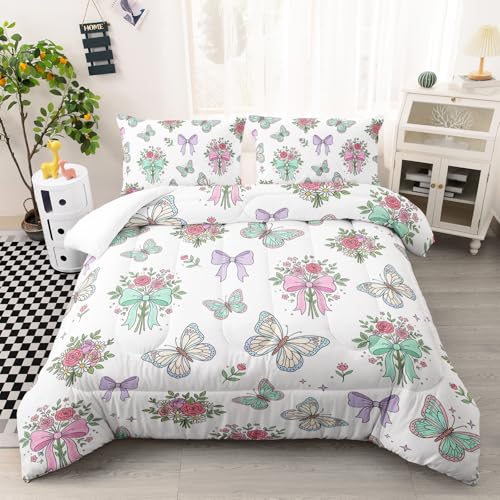 Image of AILONEN Queen Pastel Butterfly Comforter Set, Floral Bouquet Bow Bedding, Mint Rose Garden Decor, Lightweight Cozy Microfiber Luxury Guest Master Bedroom