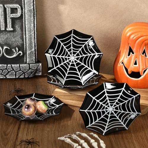 4 Pcs 5.91'' Halloween Ceramic Plates Candy Dishes Spider Web Ser...
