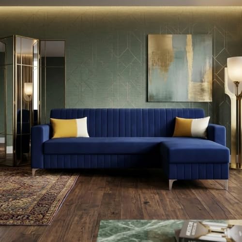 Image of SOCOZI Anton 4 Seater L Shape Sofa Set with Movable Ottoman | Flexible Left or Right Layout | Soft Velvet Suede Fabric | Modern Design | Plush Comfort Cushions for Living Room (Dark Blue)
