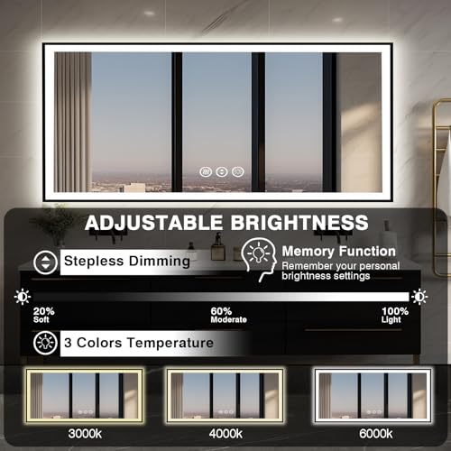 72x32 LED Bathroom Vanity Mirror - Black Aluminum Framed (Front and Backlit), Anti-Fog Large Mirror with Lights,Stepless Dimmable Lighted Mirror,3 Colors Smart Mirror(Horizontal/Vertical)