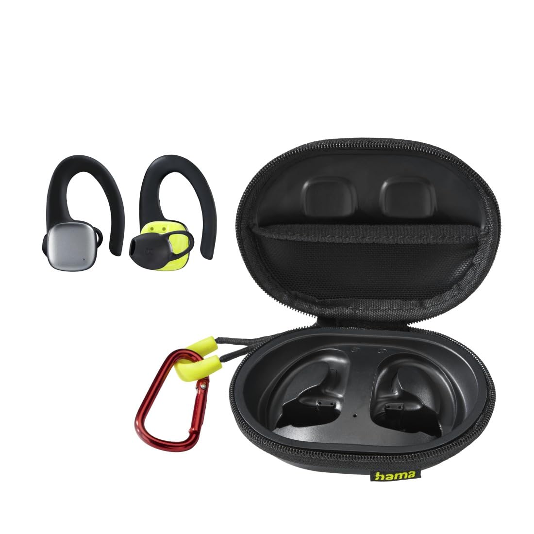 Hama Bluetooth Sportkopfhörer (In Ear Sportkopfhörer mit Ohrbügel, Kopfhörer kabellos mit 35 h Akku, TWS Kopfhörer mit Wasserschutz IPX5, schweißfest, Tastensteuerung) Schwarz/Gelb