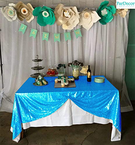 Image of B-COOL Bling Sequin Tablecloth 50x50 Inch Sequin Tablecloth Birthday Spring Rectangle Party Table Fabric Aqua Blue Glitter Table Overlays for Christmas Prom Birthday Party Decorations
