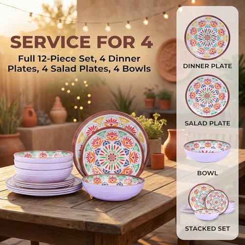 Image of 12-Piece Melamine Dinnerware Set,Service for 4, Durable Plate and Bowl, Floral Pattern Tableware for Parties & Home, Dinner Salad Dessert Plates, and Cereal Bowls Set,Housewarming Wedding Gift - Brown