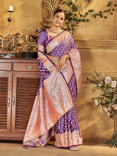 Image of Mehrang Women's Banarasi Silk Kanjivaram Saree For Wedding With Pure Zari Work, Woven Design, With Unstitched Blouse Piece