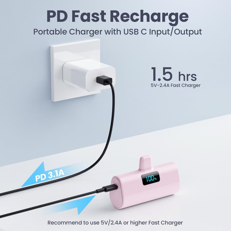 HETP Mini Power Bank 5200mAh, 20W PD Ricarica Rapida Powerbank, Ultra Compatto Caricatore Portatile con LCD Display Batteria Esterna per iPhone 14/14Pro/13/13 Pro/12/12Pro/11/X/XR/8/7/6 ecc-Rosa
