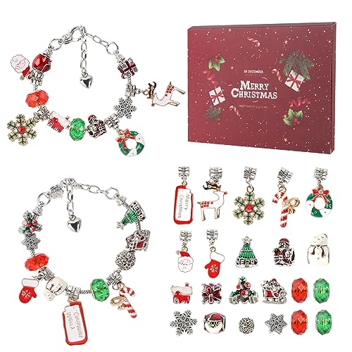 Adventskalender 2024 Mädchen Kinder, DIY Adventskalender Schmuck Mädchen Armband Basteln Geschenk 24 Tage, Weihnachtskalender Charm mit Armbänder für Kinder 4 5 6 7 8 9 10 11 12 Jahre (Rot)