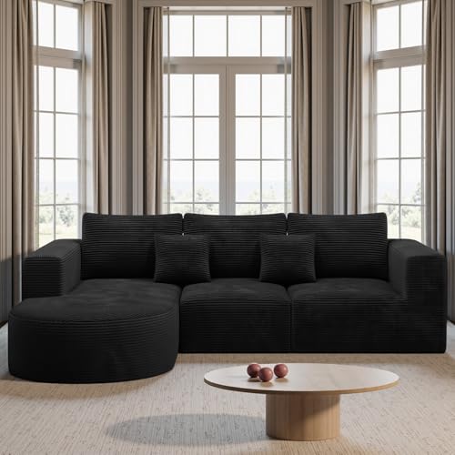 Hawthyhome Sofa mit Schlaffunktion rahmenloses Ecksofa L-Form Couch Installation-Free Cordstoff Ecksofa mit Links-Chaiselongue für Wohnzimmer 3 sitzer 264x177x59cm Schwarz Hawthyhome Sofa mit Schlaffunktion rahmenloses Ecksofa L-Form Couch Installation-Free Cordstoff Ecksofa mit Links-Chaiselongue für Wohnzimmer 3 sitzer 264x177x59cm Schwarz
