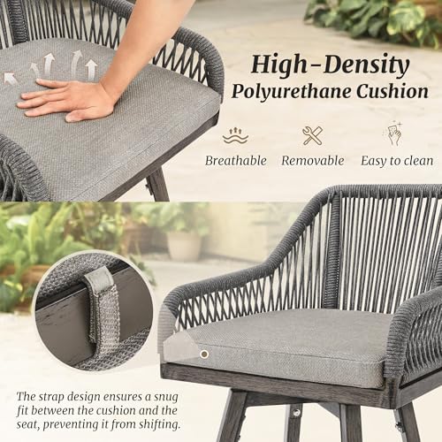Image of Cozyman Outdoor Bar Stools Set of 2, 360 Swivel Aluminum Rattan Bar Stool with Olefin Rope Curved Backrest and Armrest, Modern BarStools with Removable Cushion for Patio, Garden, Kitchen, Grey