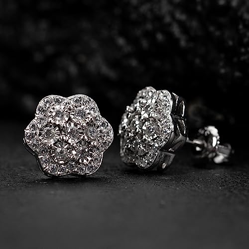 Street Knitted Men'S Women'S Round 925 Sterling Silver White Gold Plating Large Iced 5A Cz Flower Cluster Miracle Set Trendy Big Hip Hop Unisex Circle Cubic Zirconia Ice Out Hypoallergenic Screw Back Stud Earrings thumb #3