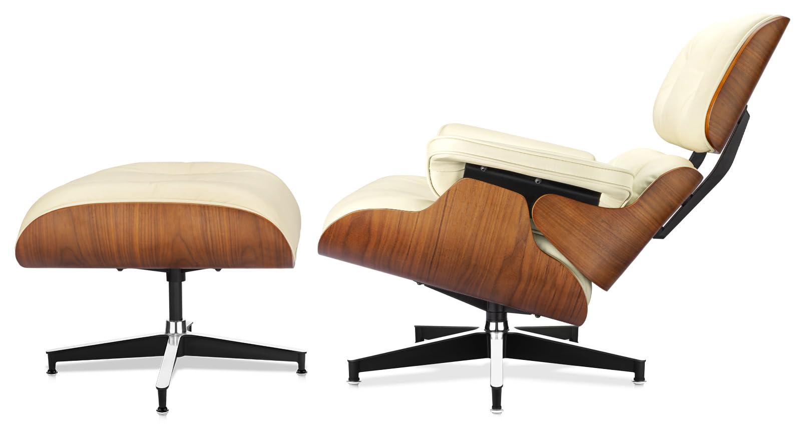 Top Cream White Grain Leather, Mid Century Chaise Lounge Chair and Ottoman, Modern Chair Classic Design, Walnut Wood, Heavy Duty Base Support for Living Room Office