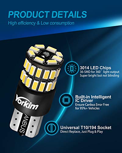 image for Yorkim 194 LED Bulb 6000K White T10 Interior Bulbs T15 W5W 2825 168 LE