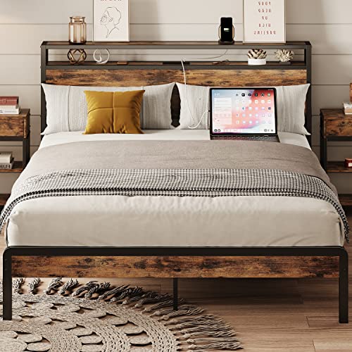 IRONCK Queen Bed Frame,Platform Bed with 2-Tier Storage Headboard and Power Outlets, USB Ports Charging Station, Sturdy and No Noise, No Box Spring Needed, Easy Assembly, Vintage Brown