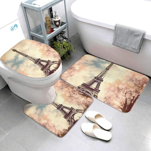 Dwrepo Vintage Style Eiffel Tower Paris Print Bathroom Rug Set 3 Piece with Non-Slip U-Shaped Contour Mat and Toilet Lid Cover for Bathroom Decoration