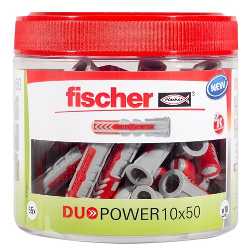 fischer DuoPower 10 x 50 handliche Runddose mit 55 Universaldübeln leistungsstarker 2-Komponenten-Dübel Kunststoffdübel zur Befestigung in Beton Ziegeln Stein Gipskarton uvm.