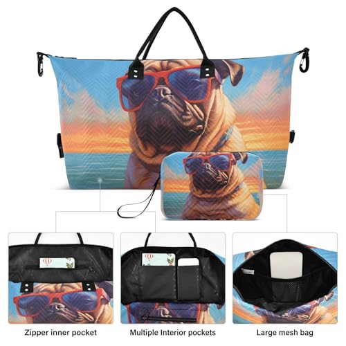 Pug Beach Duffel Bag Set with Toiletry Bag for Travel Gym Sport, Luggage Sleeve Weekender Bags Carry on Overnight Bag2