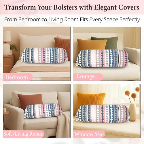 Image of GLUN Pack of 4 Zig Zag Multicolour Round Striped Bolster Pillow Covers, Size 16 inch x 30 inch (40 x 75 cm, Cream) Printed Polyester Silk Fabric for Living Room or Bedroom, Stylish & Modern Covers
