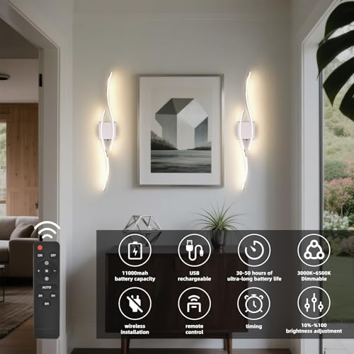 Image of Battery Operated Wall Sconce, Silver LED Battery Wall Light dimming with Remote Control, 31.4Inch Rechargeable Chrome Wireless Wall Lights for Living Room, Bedroom, and Stairs Wall Sconces (2 Pack)