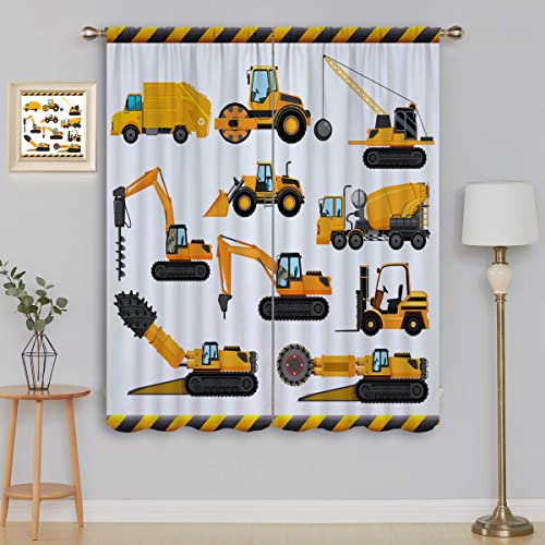 Construction Car Blackout Curtains for Boy Girl Room Darkening Decor,Yellow Cartoon Bulldozer Tractor Excavator Bedroom Living Room Home Rod Pocket Thermal Insulated Window Drapes Panel,63x63 Inch
