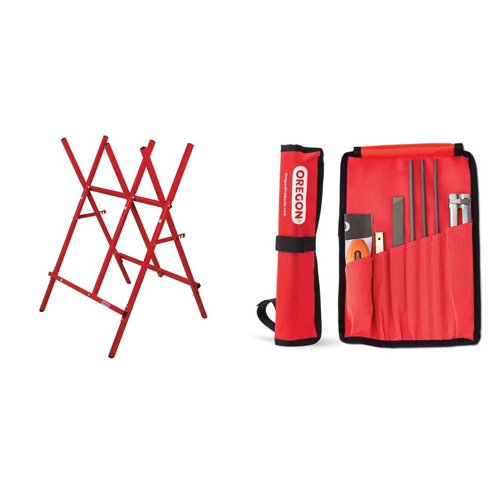 Oregon - Chevalet de Sciage en Acier, Repliable et Ajustable, Bûches de 27 cm & Kit d'Affûtage Universel Portable pour Tronçonneuse, Limes Rondes 5/32" (4 mm) / 3/16" (4,8 mm) / 7/32" (5,5 mm)