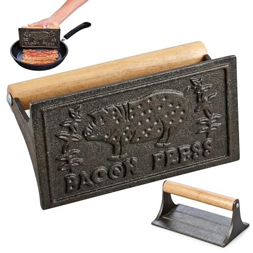 HIC Kitchen Bacon Press, Heavyweight Cast Iron, Rectangular With Wood Handle, For Stovetop Grill And Griddle