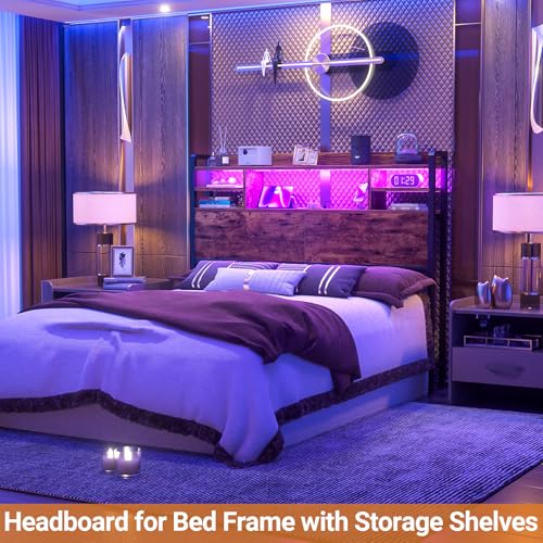 Image of Aheaplus Headboard for Full Size Bed with Storage and Outlets, Rustic Brown | Headboards with LED Light, Power Outlets, USB Ports Full Size Head Board, Wood headboard Only Sturdy and Stable Headboards