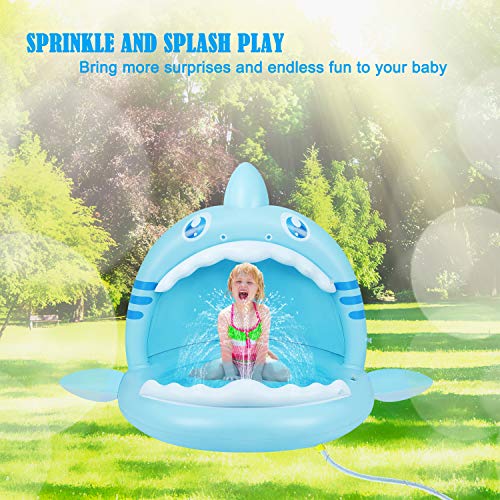 Baby Pool,Hai Planschbecken für Kleinkinder mit Überdachung,Kinder Aufblasbarer Pool mit Wasser Sprinkler,Wasser Spielezentrum für Kinder Innen & Außen