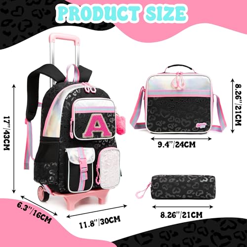 Image of Meetbelify Backpack with Wheels for Girls Black Rolling Letter Backpack Cute Carry on Backpack Kids Luggage with Lunch Box Pencil Case for Elementary Student