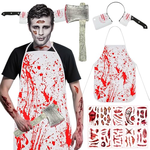 Disfarce de açougueiro de Halloween, disfarce de Halloween para homem, inclui avental sangrento, faca de plástico com sangue, diadema em forma de faca, autocolantes de cicatrizes, perfeitos para cosplay