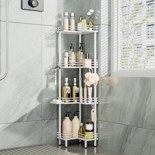 Image of Consumest Corner Shower Caddy Standing - 4-Tier Stainless Steel Shower Organizer with Soap Holder and 4 Hooks, Large Capacity Corner Shelf Stand for Bathroom, Rest Room, White