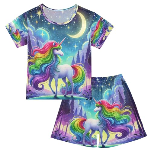 Unicorns Moonlit Night Pajama Set Short Sleeve Summer Pajamas Shorts Sets PJ Clothes Set Soft 5Y