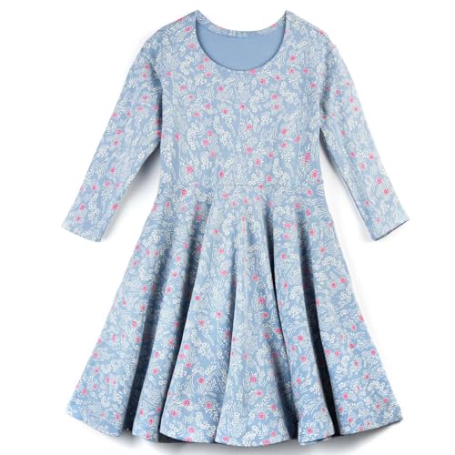 Mightly Girls’ 3/4 Sleeve Skater Dress | 95% Organic Cotton, Twirl Dress w/Pockets for Toddler & Kids, Fair Trade Certified