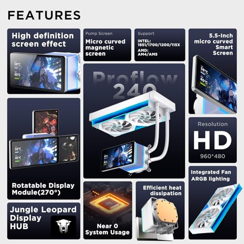 Image of PF 240 CPU Water AIO Cooler Liquid Cooling|5.5-inch LCD Magnetic Screen|360mm ARGB Infinity Mirror 2000RPM PWM Fan|Lower Noise ≤30DBA|for LGA1851 /1700 /1200 /115X /AM4 /AM5(White)