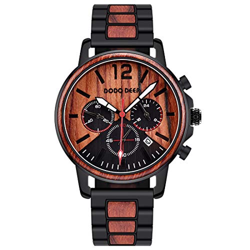 Jianxiang Wooden Mens Watches Stylish Wood & Stainless Steel Combined Chronograph Fashion Quartz Casual Wristwatches with Luminous Pointers (Brown)